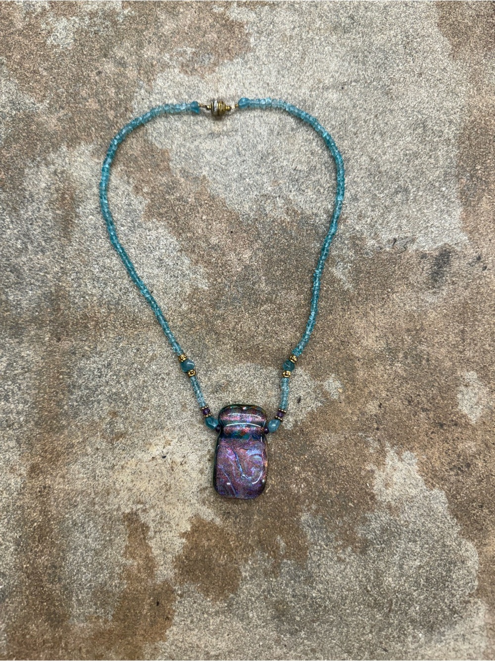 Handcrafted Teal Beaded Necklace with Iridescent Purple Pendant